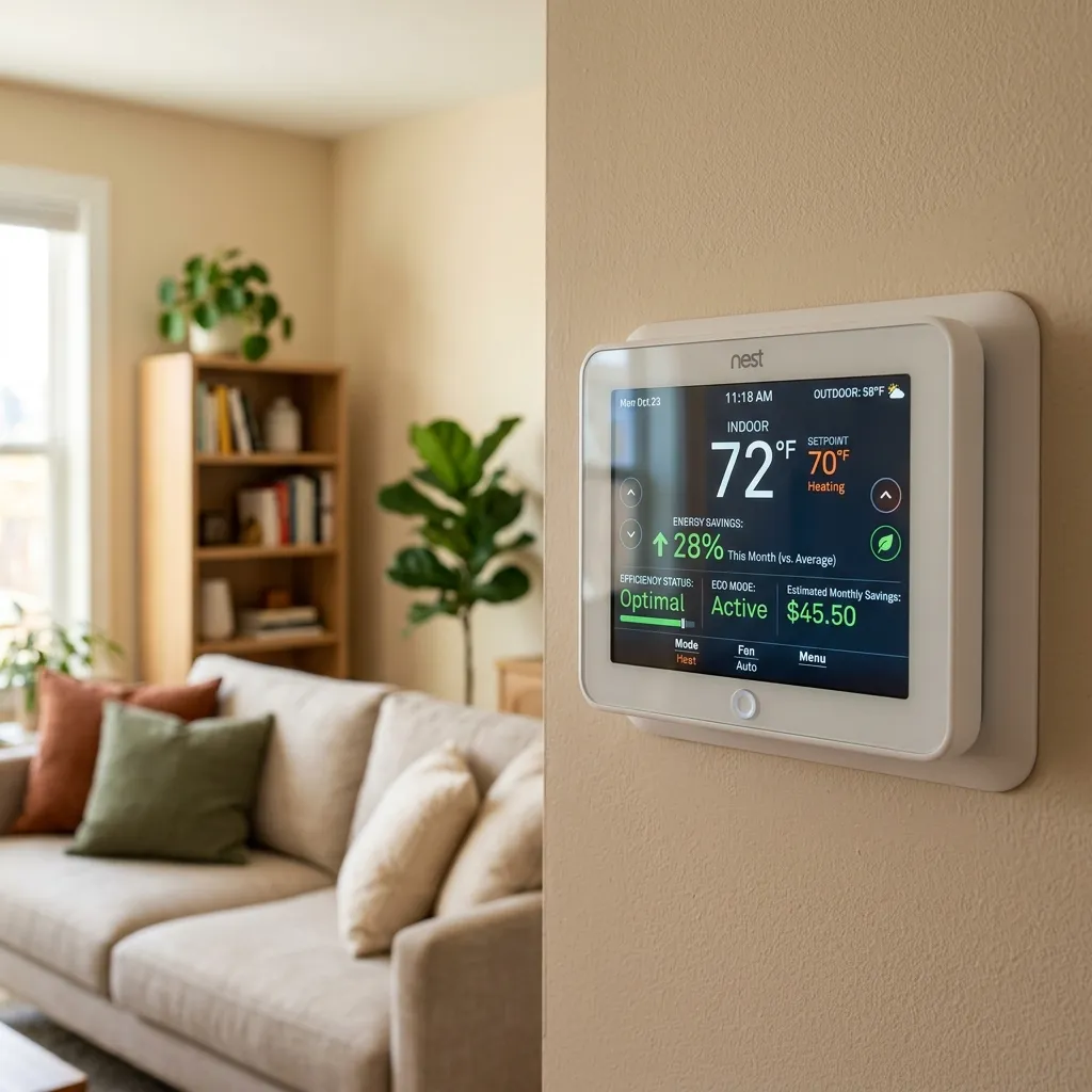 Smart wall thermostat showing energy savings stats